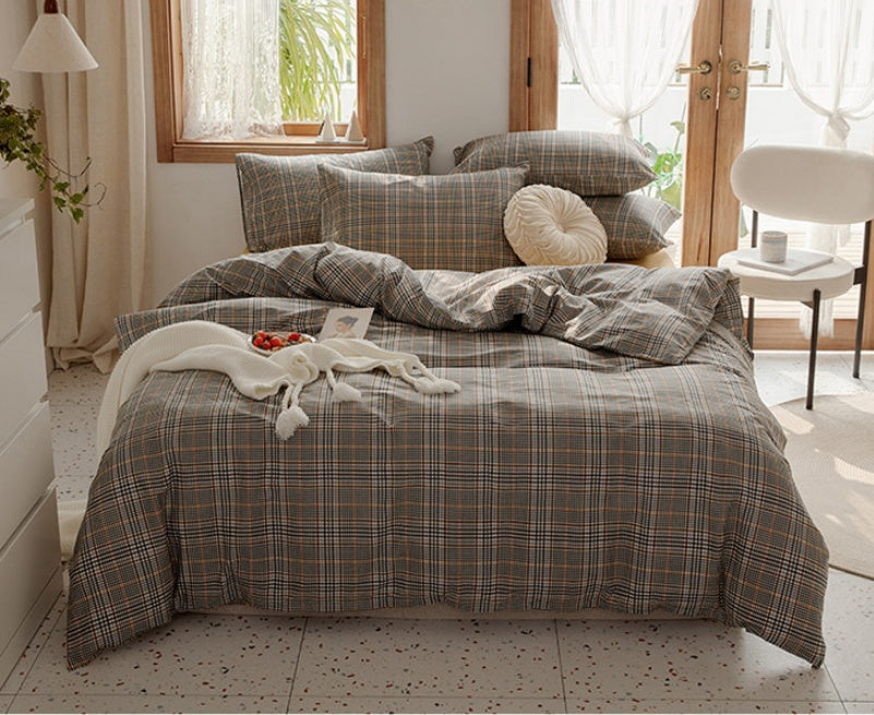 HKM-975251 Retro Style Cotton Plaid Four-Piece Bedding Set for 1.8m Bed
