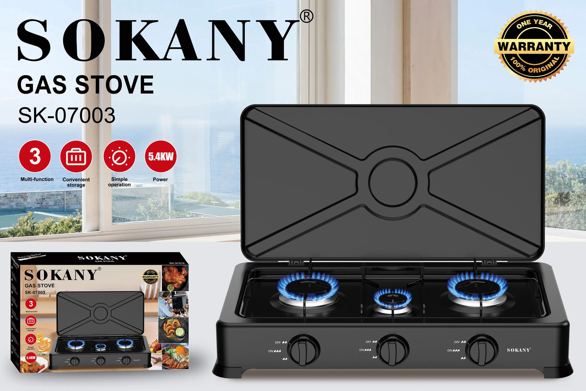 KTX-975443 Stainless Steel Outdoor Gas Stove with Three Burners for Household Cooking