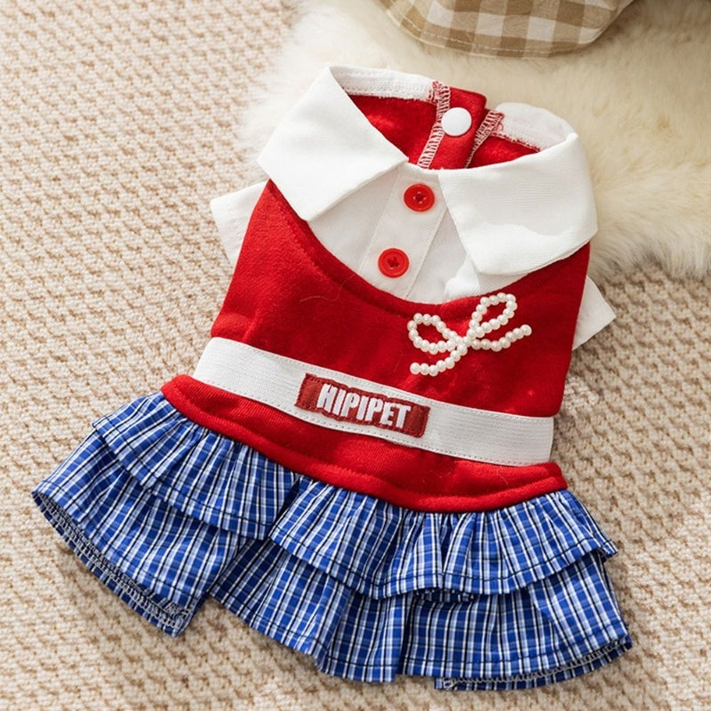 HKM-975571 Preppy-Style Formal Dress for Dogs and Cats with Ruffles and Pearl Accents