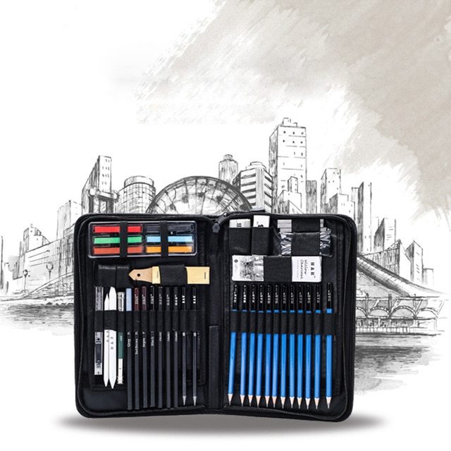 KTX-975763 72-Piece Sketch Drawing and Painting Set with Charcoal, Colored Pencils, Brushes, and Accessories