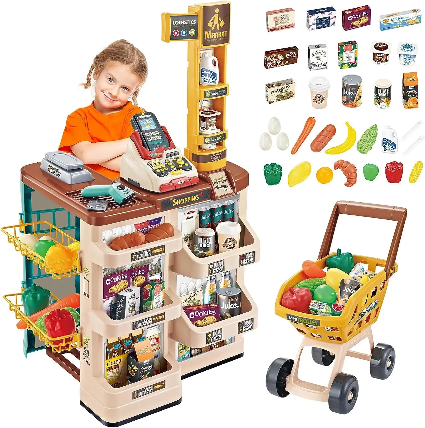 HKM-975763 Mini Trolley Shopping Basket and Cashier Machine Toy Set for Kids Age 2 to 13 Years