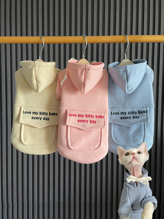 HKM-975891 Pure Cotton Hooded Sweater for Cats – Warm and Cozy in Haze Blue, Pink, and Beige