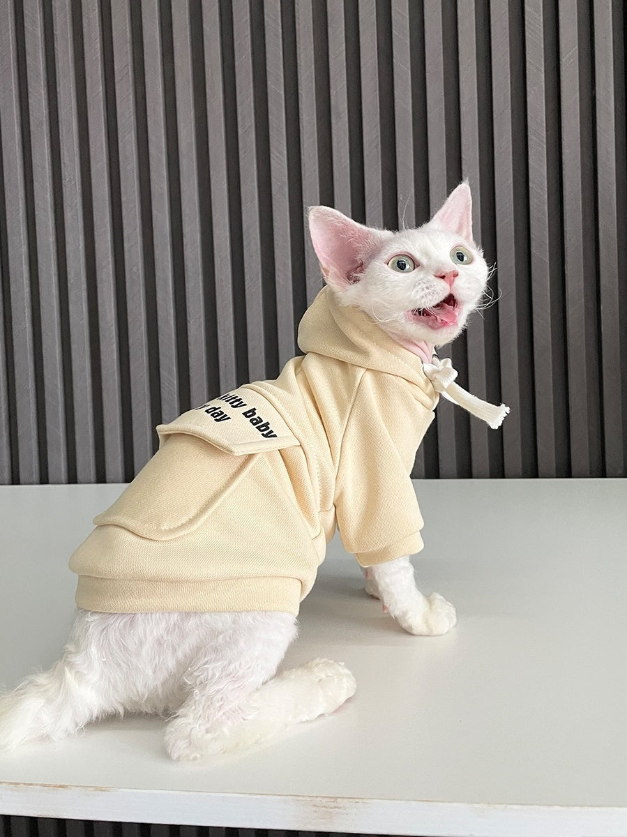 HKM-975891 Pure Cotton Hooded Sweater for Cats – Warm and Cozy in Haze Blue, Pink, and Beige