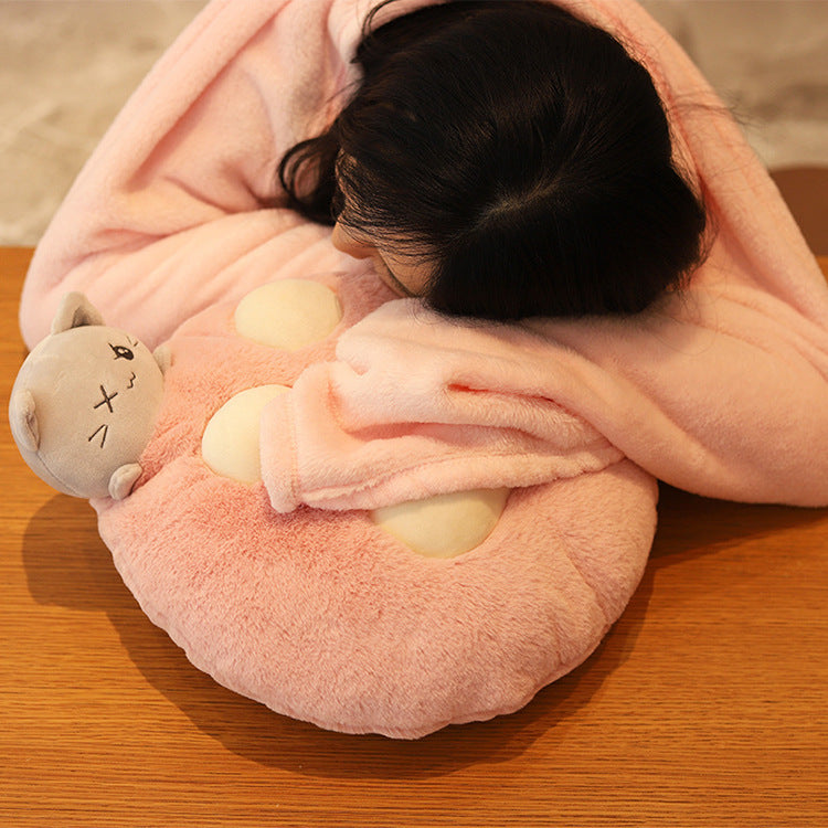 HKM-976659 Plush Cat Paw Pillow with Blanket – Cozy Stuffed Animal Quilt for Home Sofa Decor