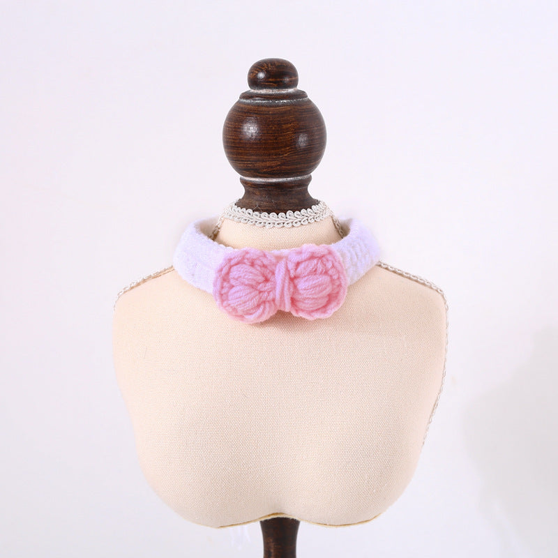 HKM-976787 Pet Hand Knitted Wool Cherry Flower Bow Adjustable Cat Dog Cole Duck Collar Accessories Gift Box