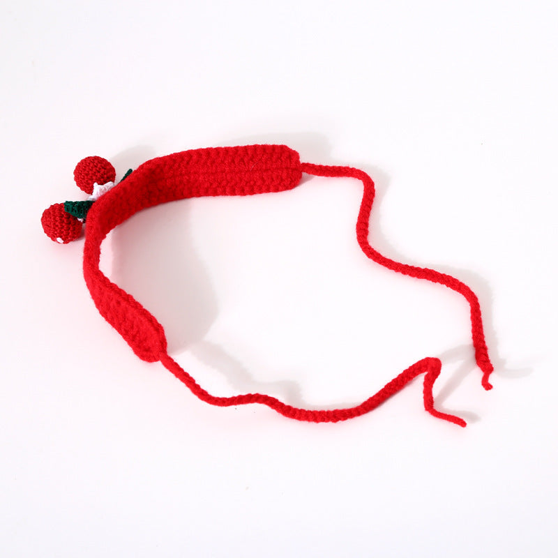 HKM-976787 Pet Hand Knitted Wool Cherry Flower Bow Adjustable Cat Dog Cole Duck Collar Accessories Gift Box