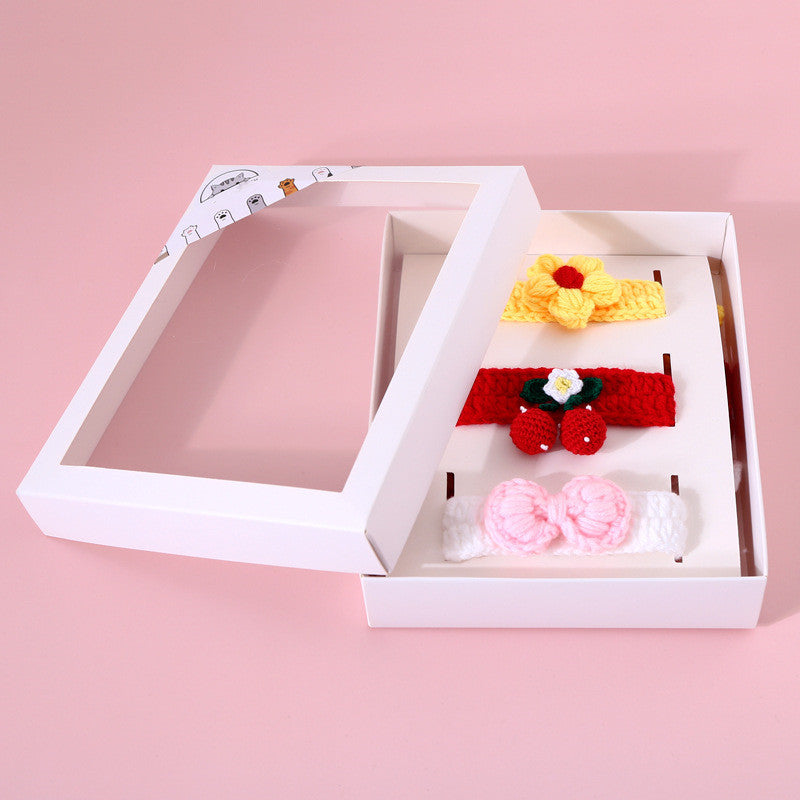 HKM-976787 Pet Hand Knitted Wool Cherry Flower Bow Adjustable Cat Dog Cole Duck Collar Accessories Gift Box