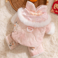 HKM-977043 Warm Floral Cotton-Padded Dog Overalls with Faux Fur Collar for Small Dogs