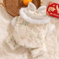 HKM-977043 Warm Floral Cotton-Padded Dog Overalls with Faux Fur Collar for Small Dogs