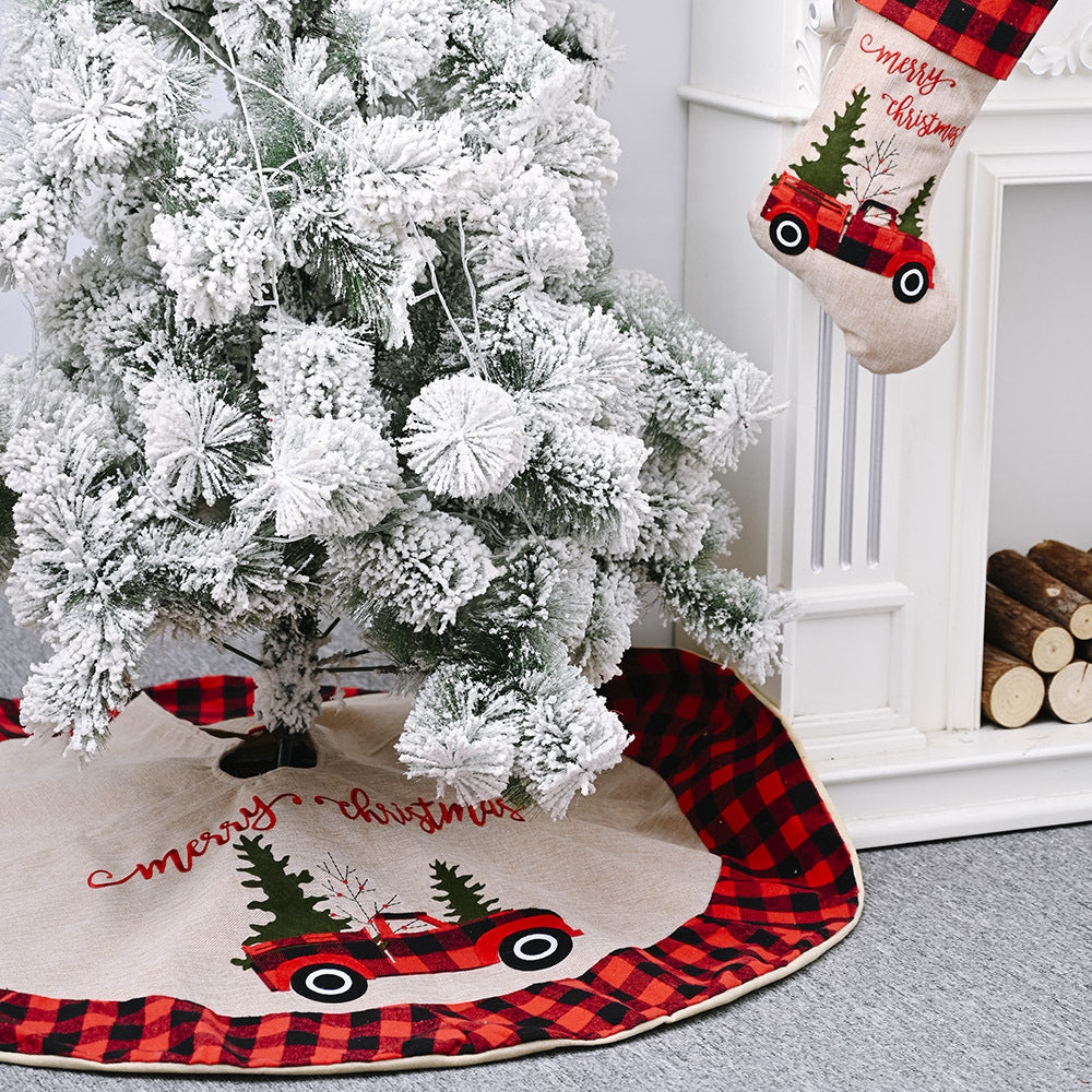 HKM-978003 Plaid Christmas Tree Skirt - Imitation Linen Fabric for Festive Decor