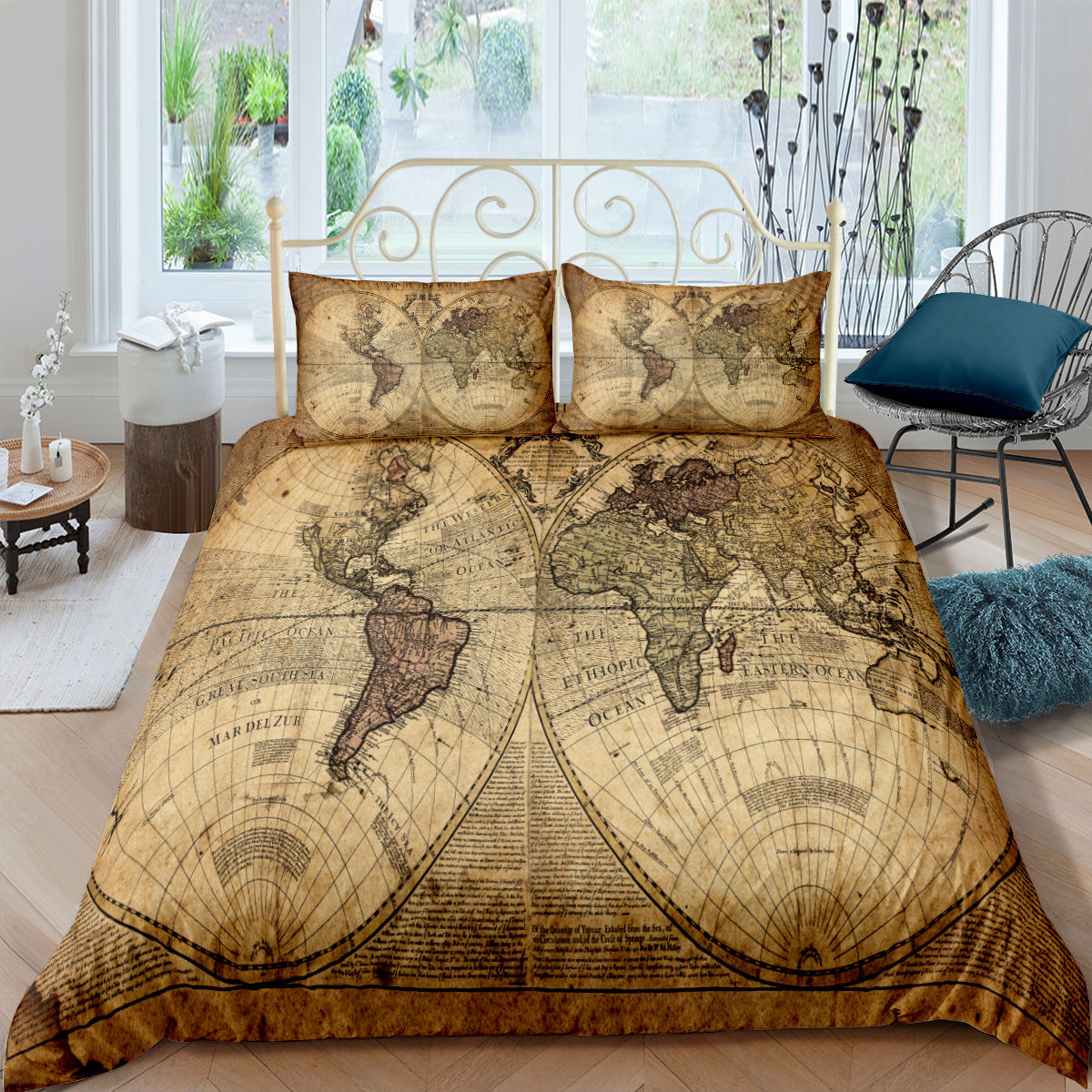 HKM-978195 Nautical Chart Inspired Three-Piece Custom Bedding Set with Polyester Fiber Fabric