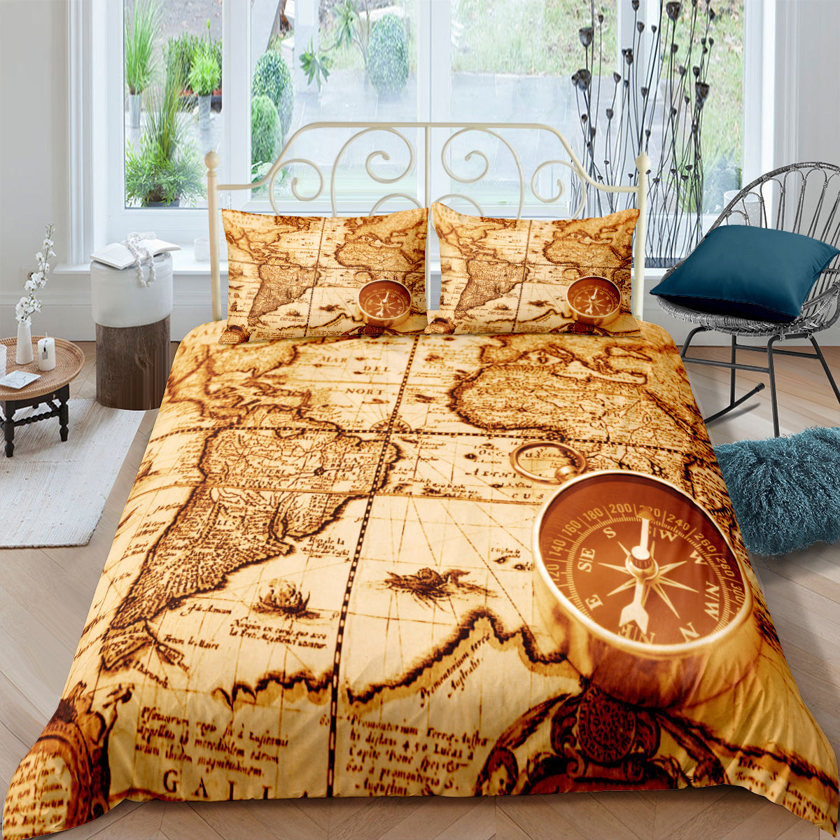 HKM-978195 Nautical Chart Inspired Three-Piece Custom Bedding Set with Polyester Fiber Fabric