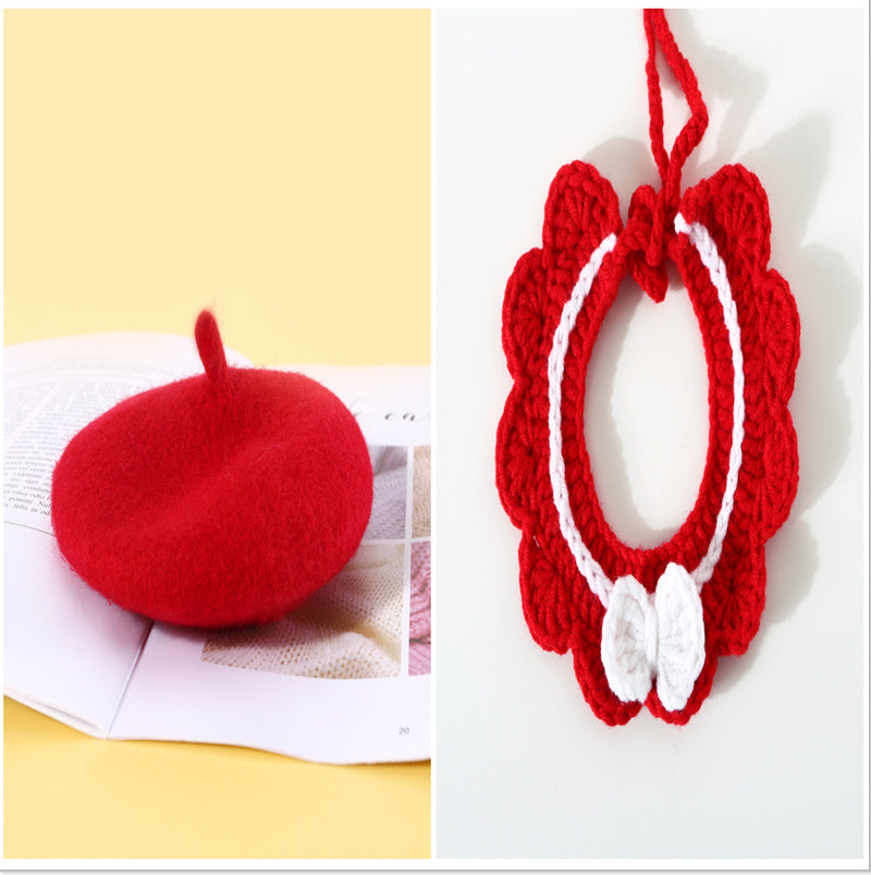 HKM-978259 Red and Pink Cashmere Cat and Dog Necklet Set with Bow and Hat
