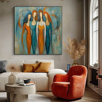 HKM-978323 Handmade Oil Painting on Canvas - Modern Abstract Square Portrait of Four Females for Home Decor