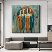 HKM-978323 Handmade Oil Painting on Canvas - Modern Abstract Square Portrait of Four Females for Home Decor