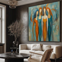 HKM-978323 Handmade Oil Painting on Canvas - Modern Abstract Square Portrait of Four Females for Home Decor