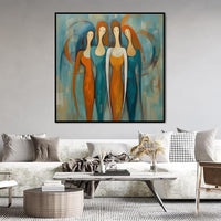 HKM-978323 Handmade Oil Painting on Canvas - Modern Abstract Square Portrait of Four Females for Home Decor