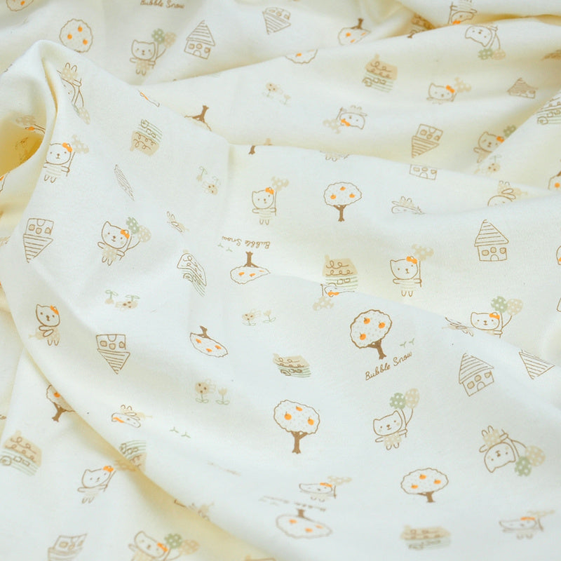 HKM-978707 Cotton Fabric with Cartoon Patterns - Natural White, Baby Elephants, Forest Scenes, Colorful Designs