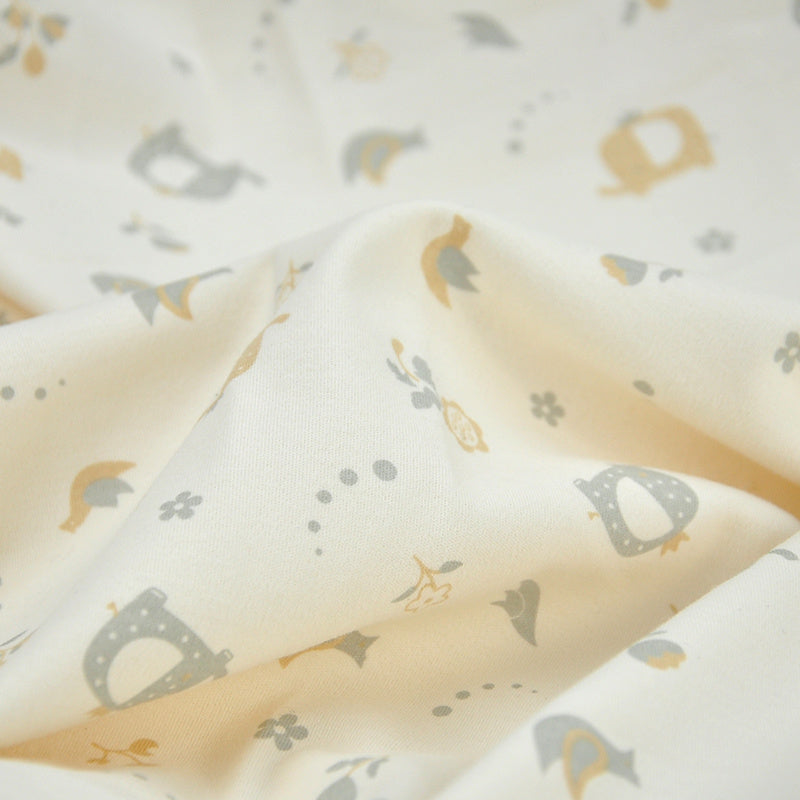 HKM-978707 Cotton Fabric with Cartoon Patterns - Natural White, Baby Elephants, Forest Scenes, Colorful Designs