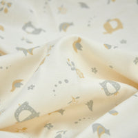 HKM-978707 Cotton Fabric with Cartoon Patterns - Natural White, Baby Elephants, Forest Scenes, Colorful Designs