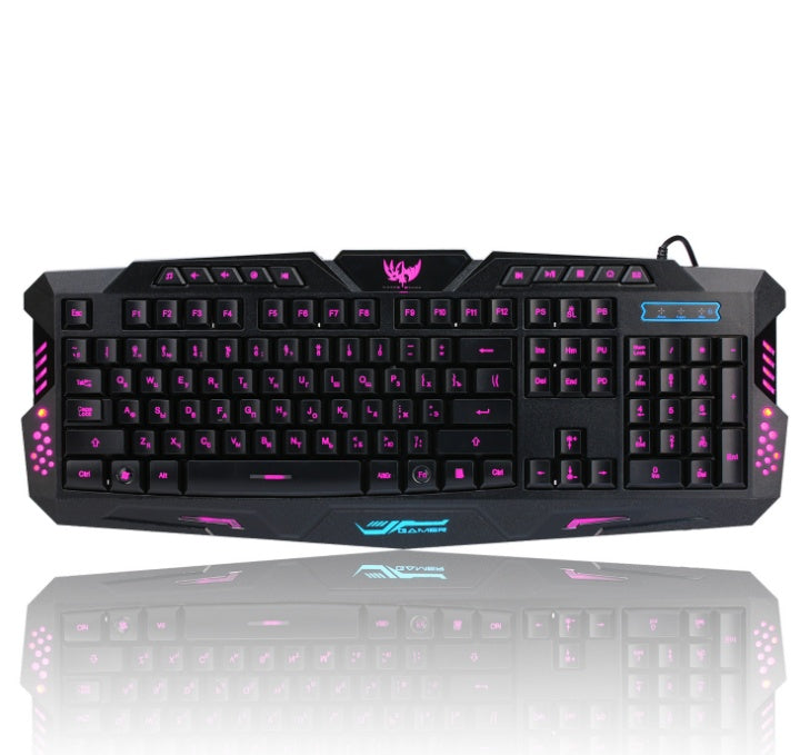 HKM-979411 Tricolor Backlit Wired Gaming Keyboard and Mouse Set with 108 Keys and USB Connection