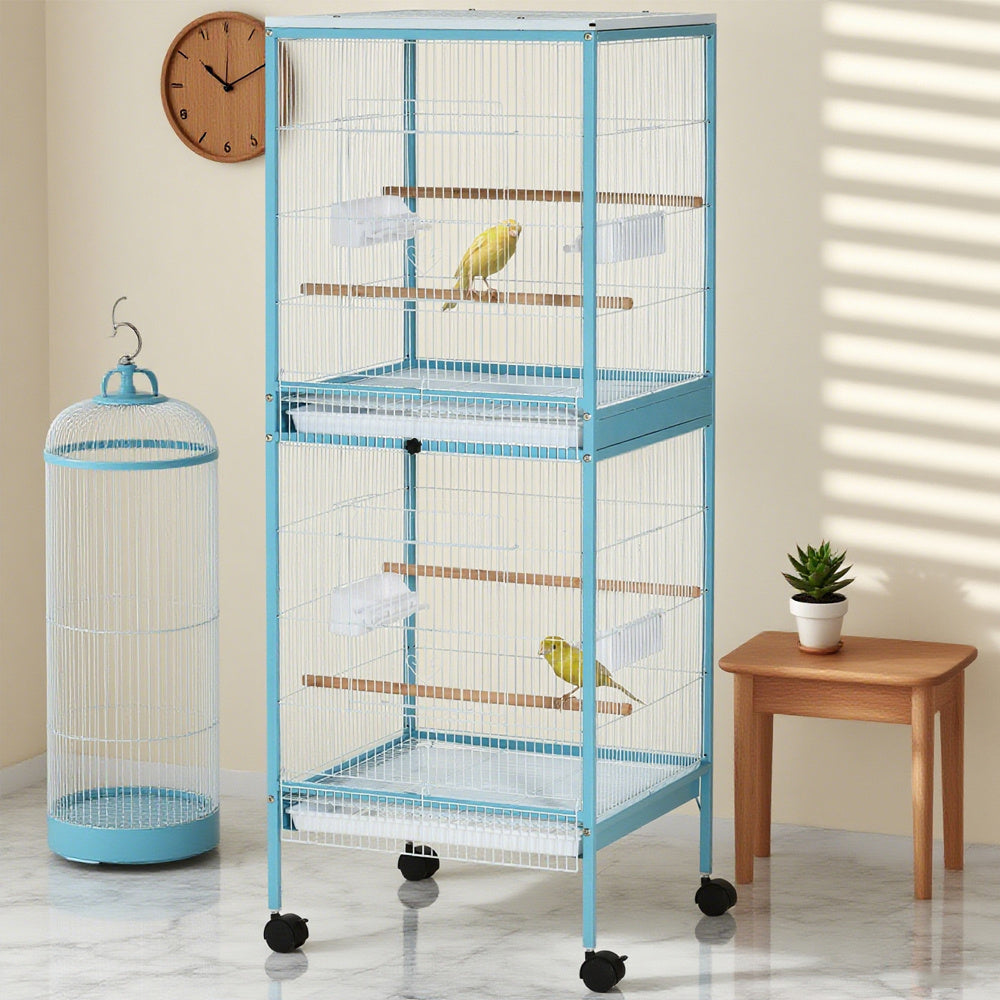 HKM-979475 55-Inch Light Blue 2-in-1 Bird Cage Aviary for Finches and Budgies with Rolling Wheels