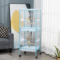 HKM-979475 55-Inch Light Blue 2-in-1 Bird Cage Aviary for Finches and Budgies with Rolling Wheels
