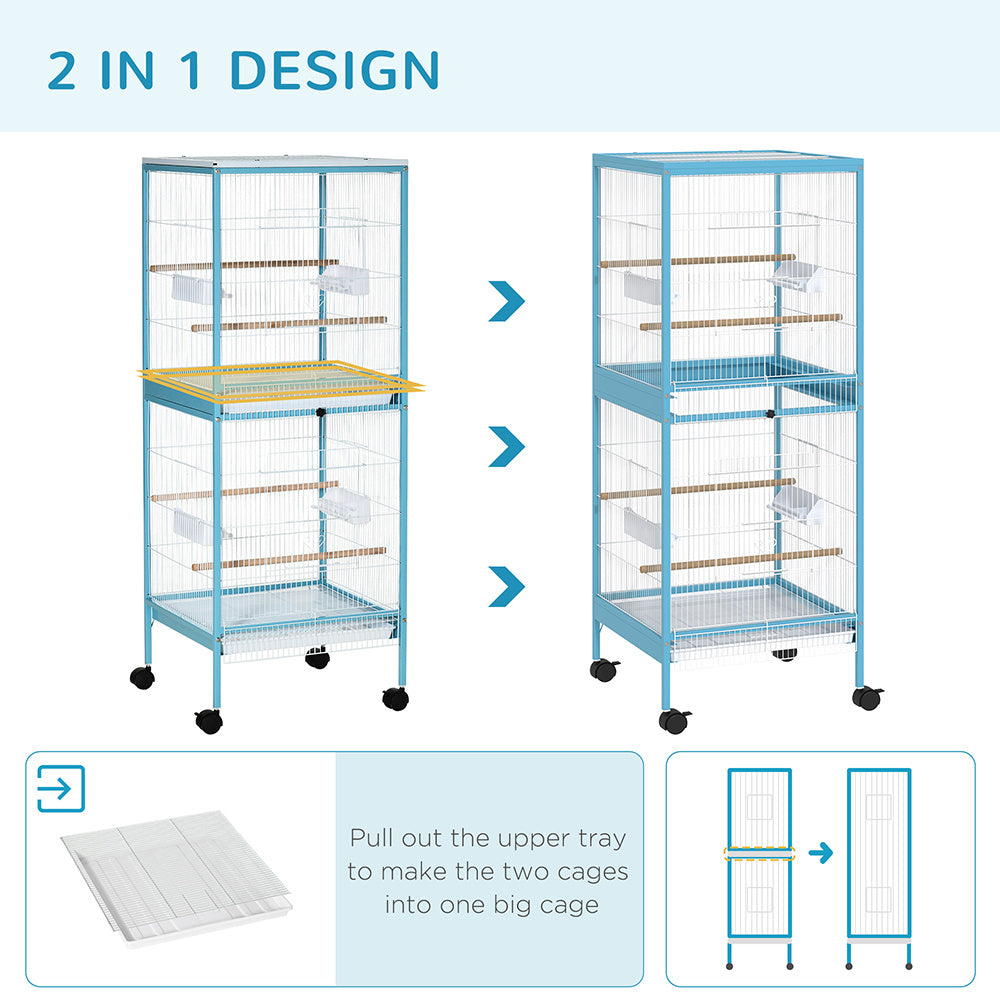 HKM-979475 55-Inch Light Blue 2-in-1 Bird Cage Aviary for Finches and Budgies with Rolling Wheels