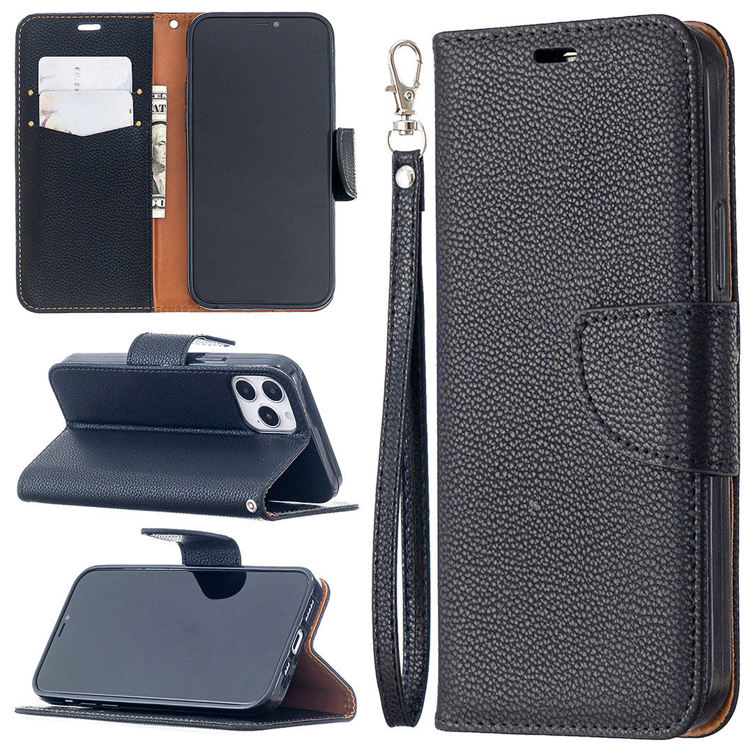 HKM-979795 Lychee Pattern Flip Leather Wallet Case for iPhone Models with Lanyard
