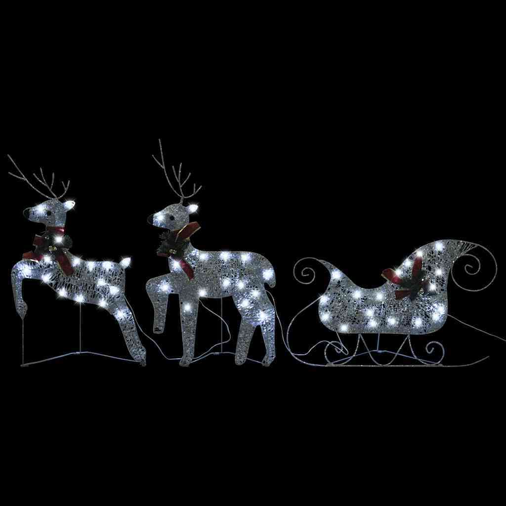 HKM-980499 LED Reindeer and Sleigh Outdoor Christmas Decoration with 60 Silver Lights, Energy-Efficient and Indoor/Outdoor Use
