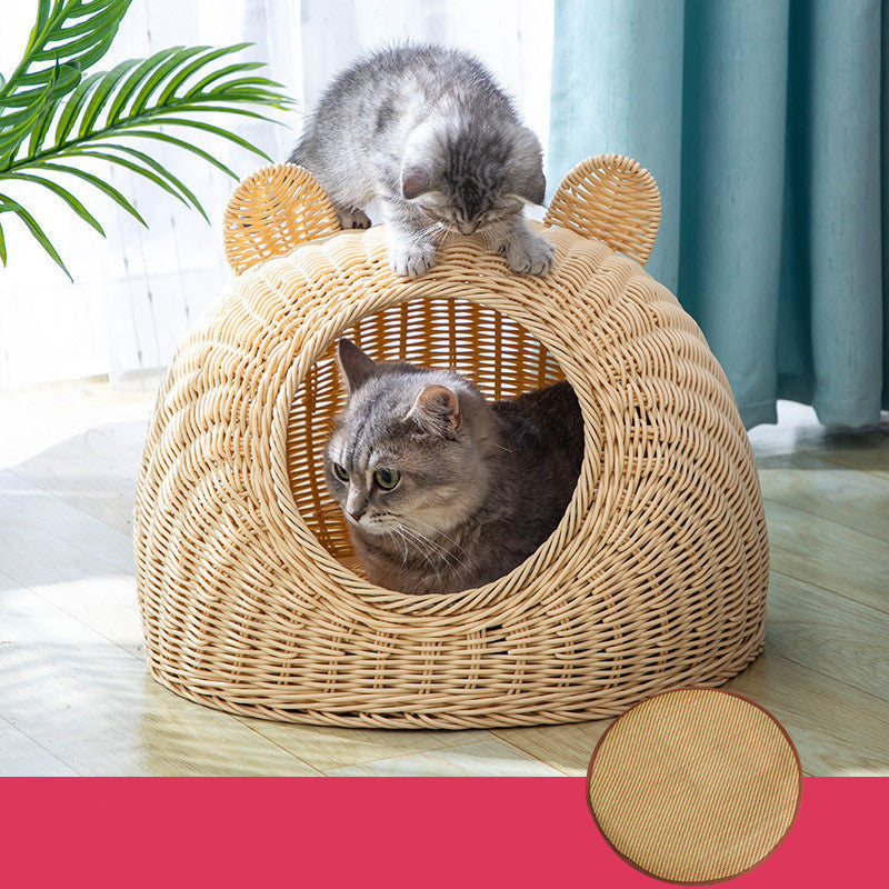 HKM-981651 Imitation Rattan Semi-Enclosed Cat Kennel with Cooler and Mat Options