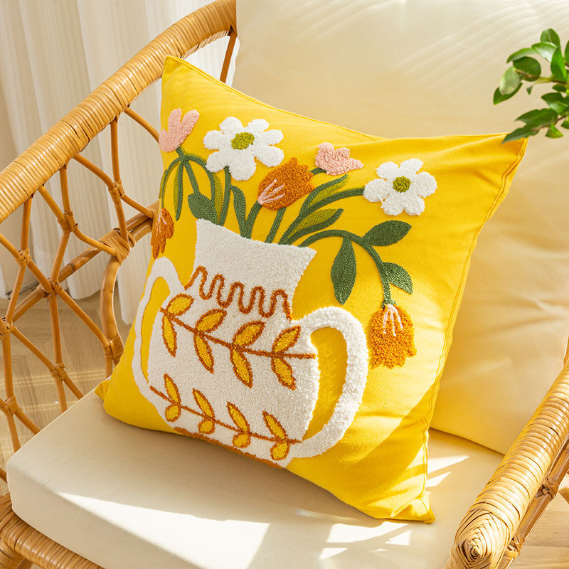 HKM-981651 Nordic Style Pure Cotton Flower Embroidery Pillow Cover - 45x45cm Design with Plants and Flowers