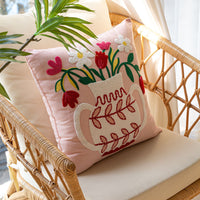 HKM-981651 Nordic Style Pure Cotton Flower Embroidery Pillow Cover - 45x45cm Design with Plants and Flowers