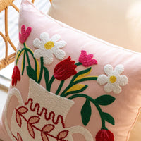 HKM-981651 Nordic Style Pure Cotton Flower Embroidery Pillow Cover - 45x45cm Design with Plants and Flowers