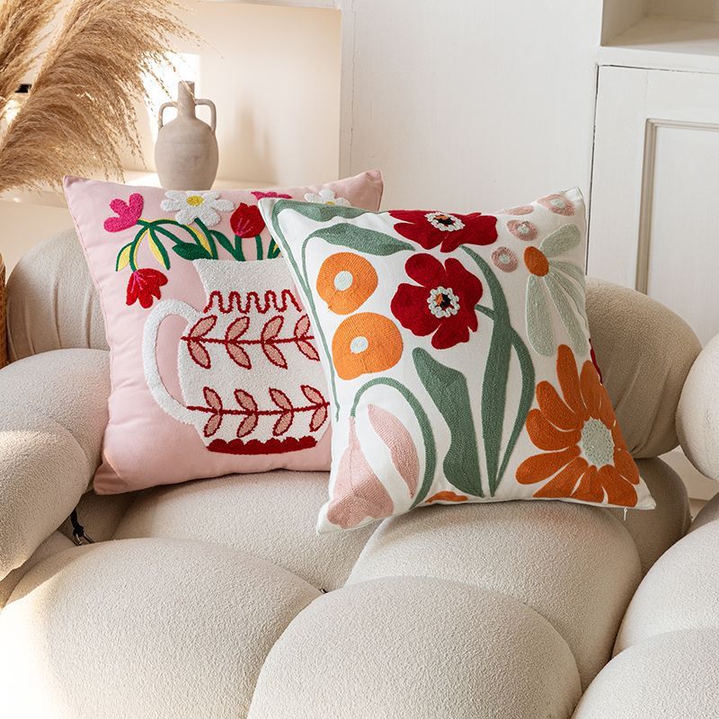 HKM-981651 Nordic Style Pure Cotton Flower Embroidery Pillow Cover - 45x45cm Design with Plants and Flowers