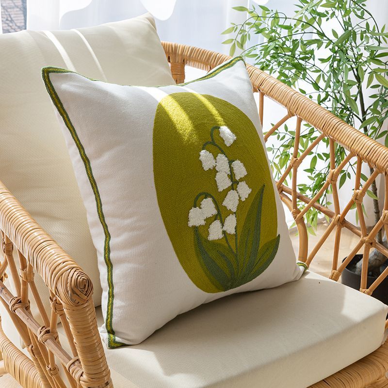 HKM-981651 Nordic Style Pure Cotton Flower Embroidery Pillow Cover - 45x45cm Design with Plants and Flowers