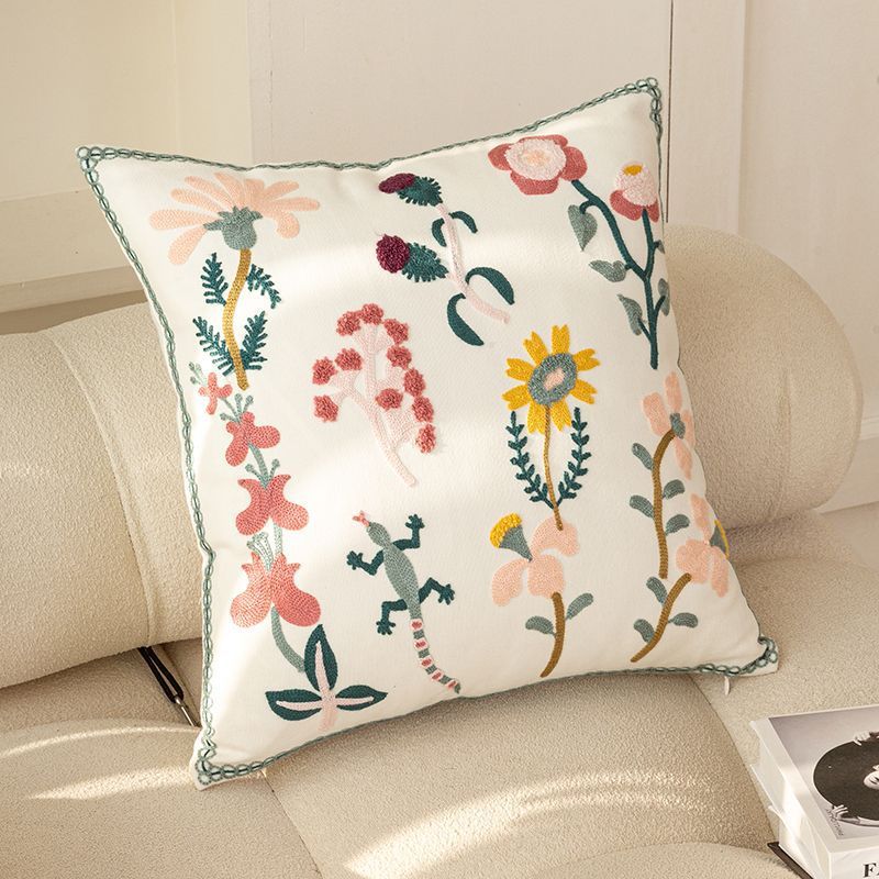 HKM-981651 Nordic Style Pure Cotton Flower Embroidery Pillow Cover - 45x45cm Design with Plants and Flowers