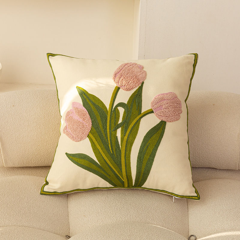 HKM-981651 Nordic Style Pure Cotton Flower Embroidery Pillow Cover - 45x45cm Design with Plants and Flowers