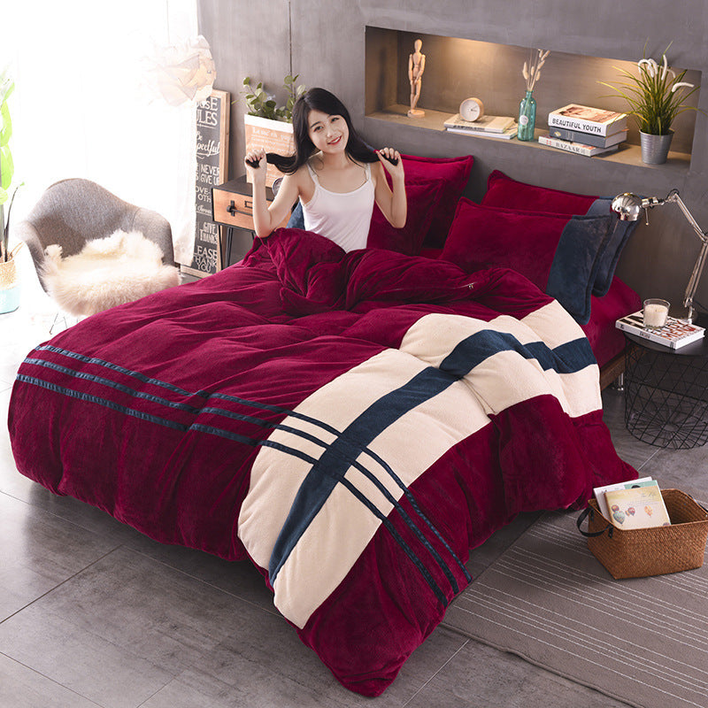 HKM-981843 Autumn and Winter Four-Piece Thickened Striped French Velvet Sheet Set