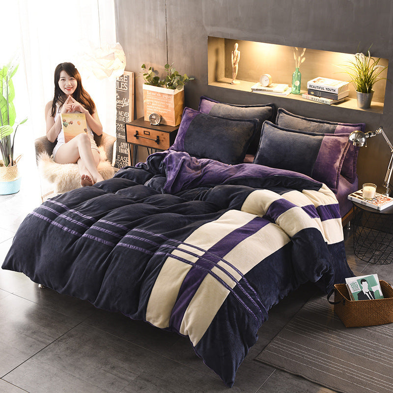 HKM-981843 Autumn and Winter Four-Piece Thickened Striped French Velvet Sheet Set