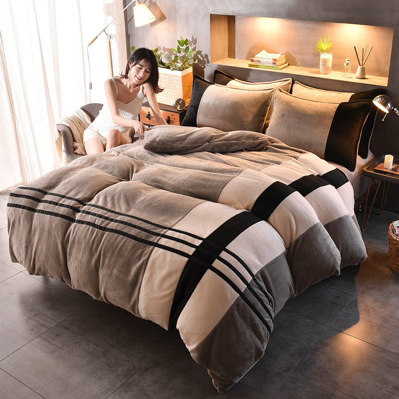 HKM-981843 Autumn and Winter Four-Piece Thickened Striped French Velvet Sheet Set