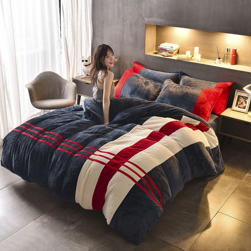 HKM-981843 Autumn and Winter Four-Piece Thickened Striped French Velvet Sheet Set