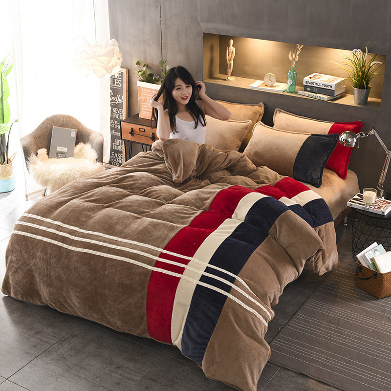 HKM-981843 Autumn and Winter Four-Piece Thickened Striped French Velvet Sheet Set