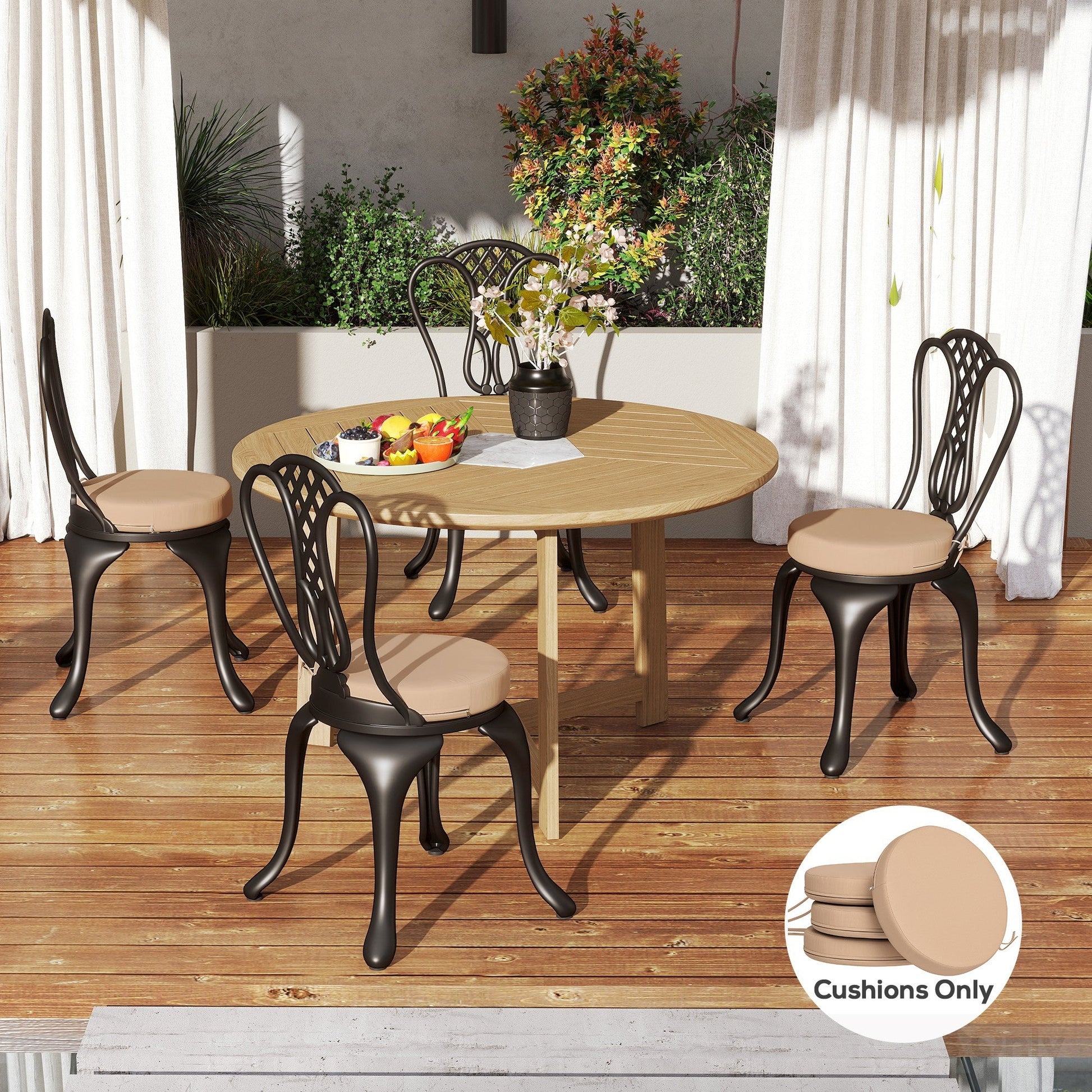 HKM-982227 Set of 4 Khaki Round Seat Cushions for Bistro and Dining Chairs, Machine Washable, 15 x 15 x 3 Inches