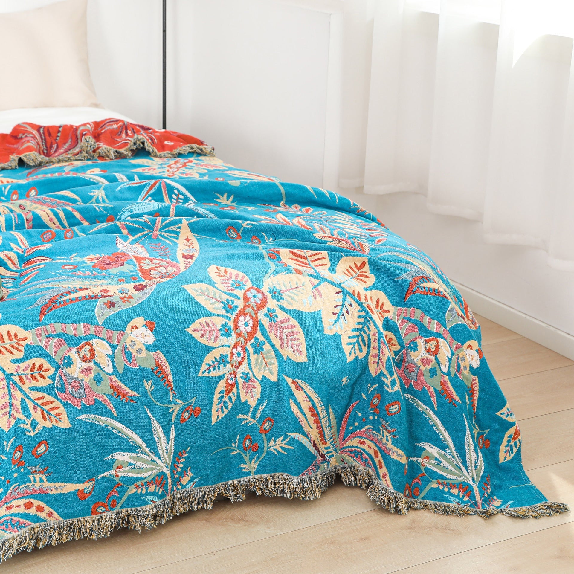 HKM-982675 Airable Cotton Multifunctional Blanket - Plant and Flower Pattern, Field-Blue, 200cm x 230cm