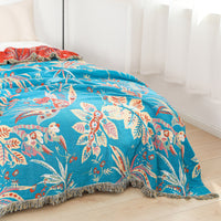 HKM-982675 Airable Cotton Multifunctional Blanket - Plant and Flower Pattern, Field-Blue, 200cm x 230cm