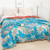 HKM-982675 Airable Cotton Multifunctional Blanket - Plant and Flower Pattern, Field-Blue, 200cm x 230cm