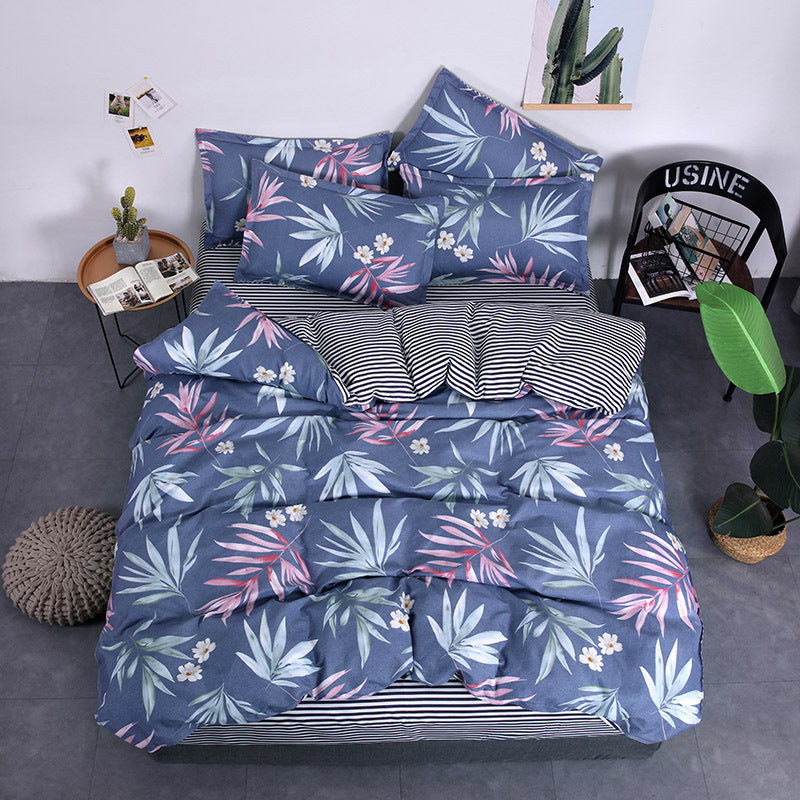 HKM-982995 Aloe Vera Printed Cotton Four-Piece Bedding Set for 1.2m to 2.0m Beds - Modern Floral Designs