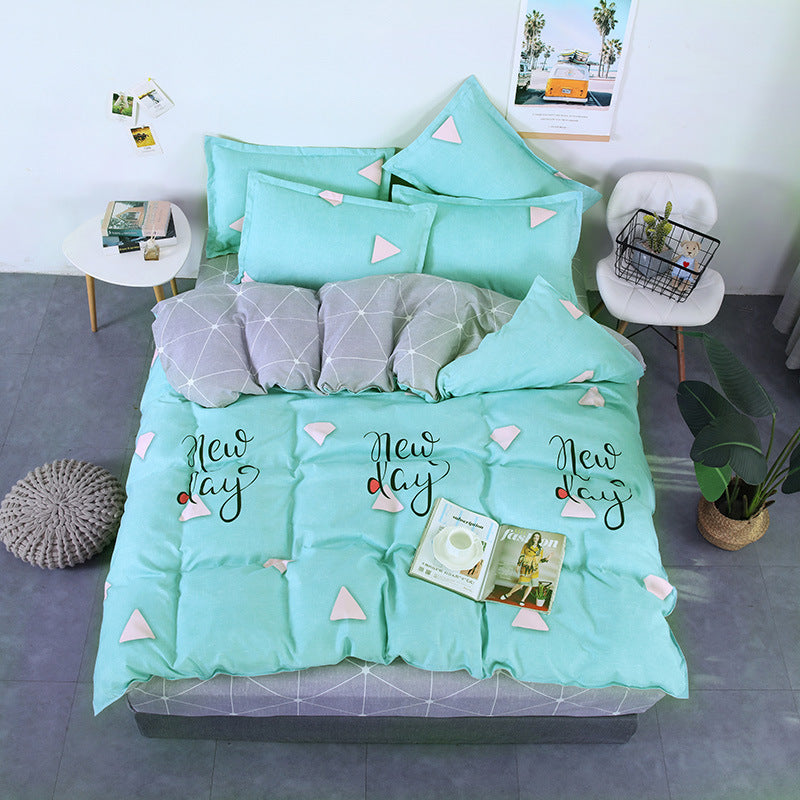 HKM-982995 Aloe Vera Printed Cotton Four-Piece Bedding Set for 1.2m to 2.0m Beds - Modern Floral Designs