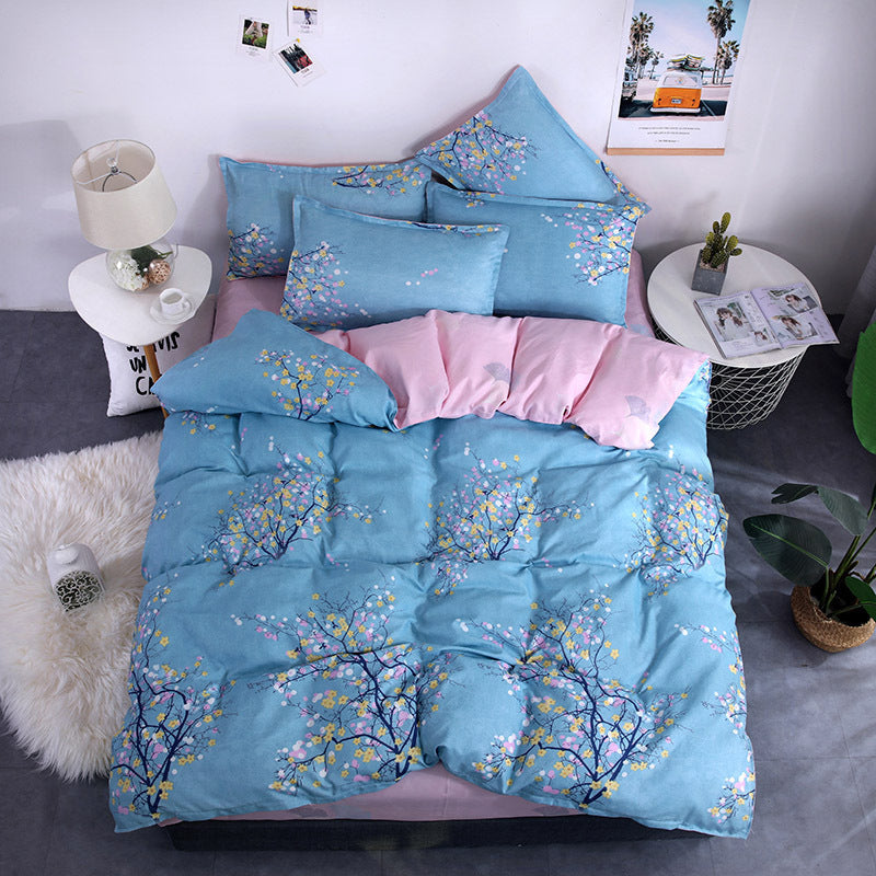 HKM-982995 Aloe Vera Printed Cotton Four-Piece Bedding Set for 1.2m to 2.0m Beds - Modern Floral Designs
